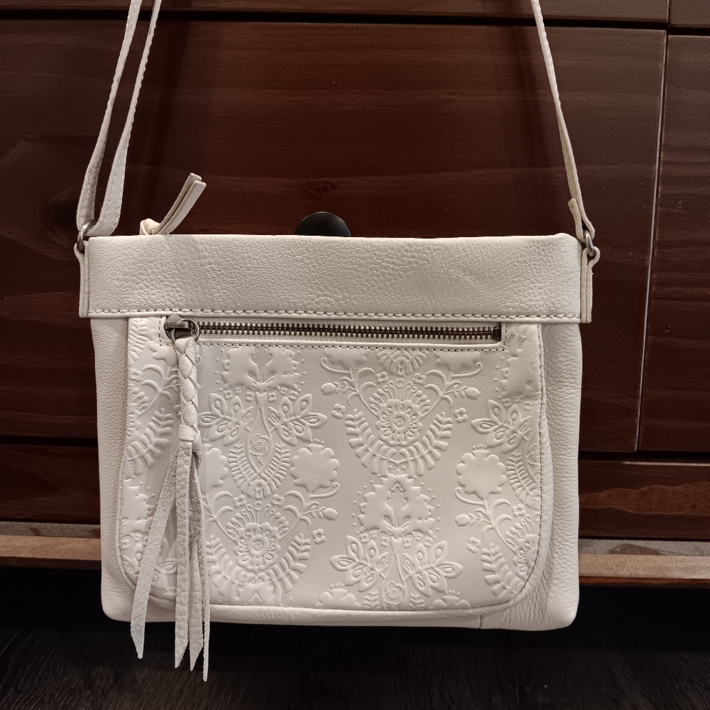 The Sak Cream Embossed Crossbody Bag with Elegant Texture
